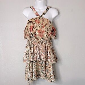 Hemant & Nandita Cream Pink Tiered Floral Mini Dress S